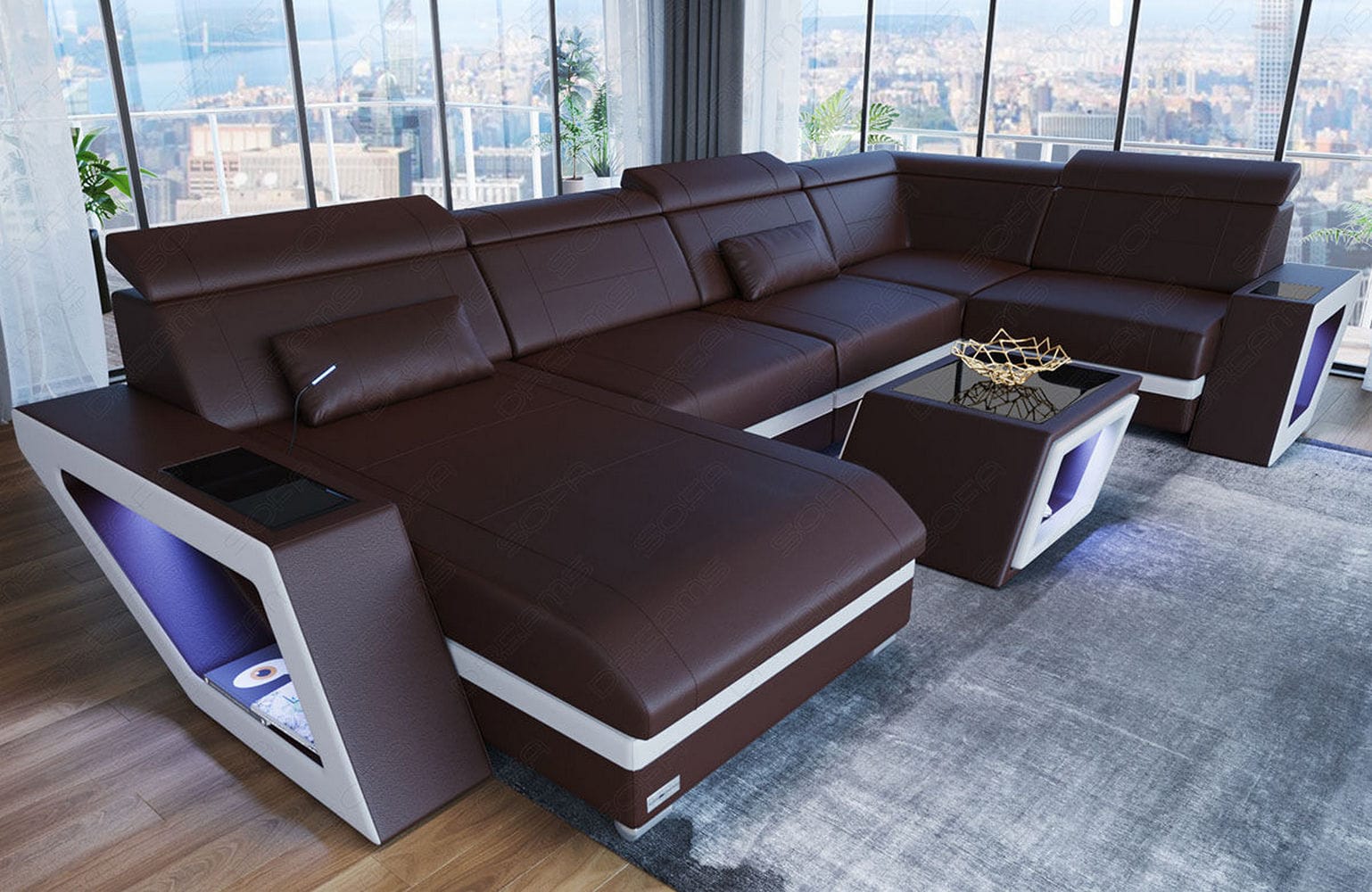 Leder Wohnlandschaft Catania – Modern & Bequem dunkelbraun-weiß