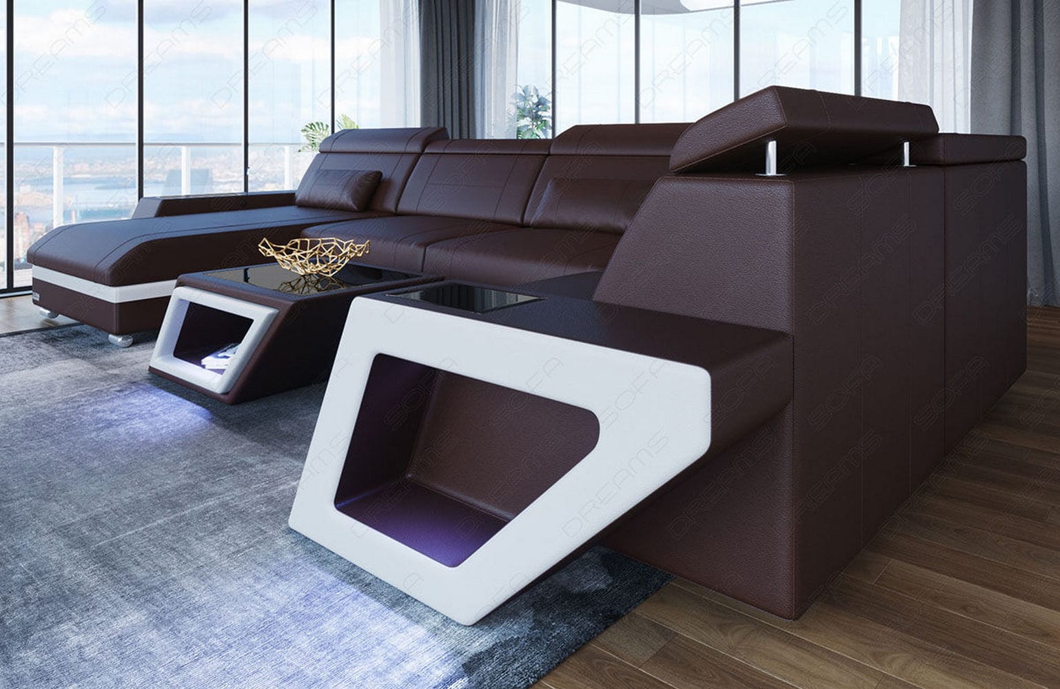 Leder Wohnlandschaft Catania – Modern & Bequem dunkelbraun-weiß