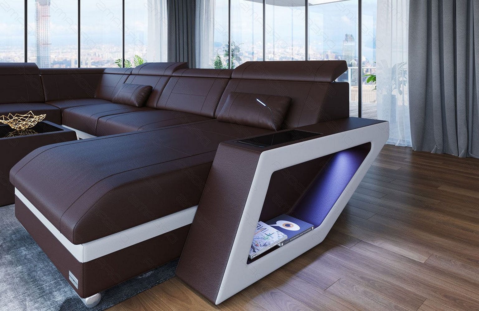 Leder Wohnlandschaft Catania – Modern & Bequem dunkelbraun-weiß