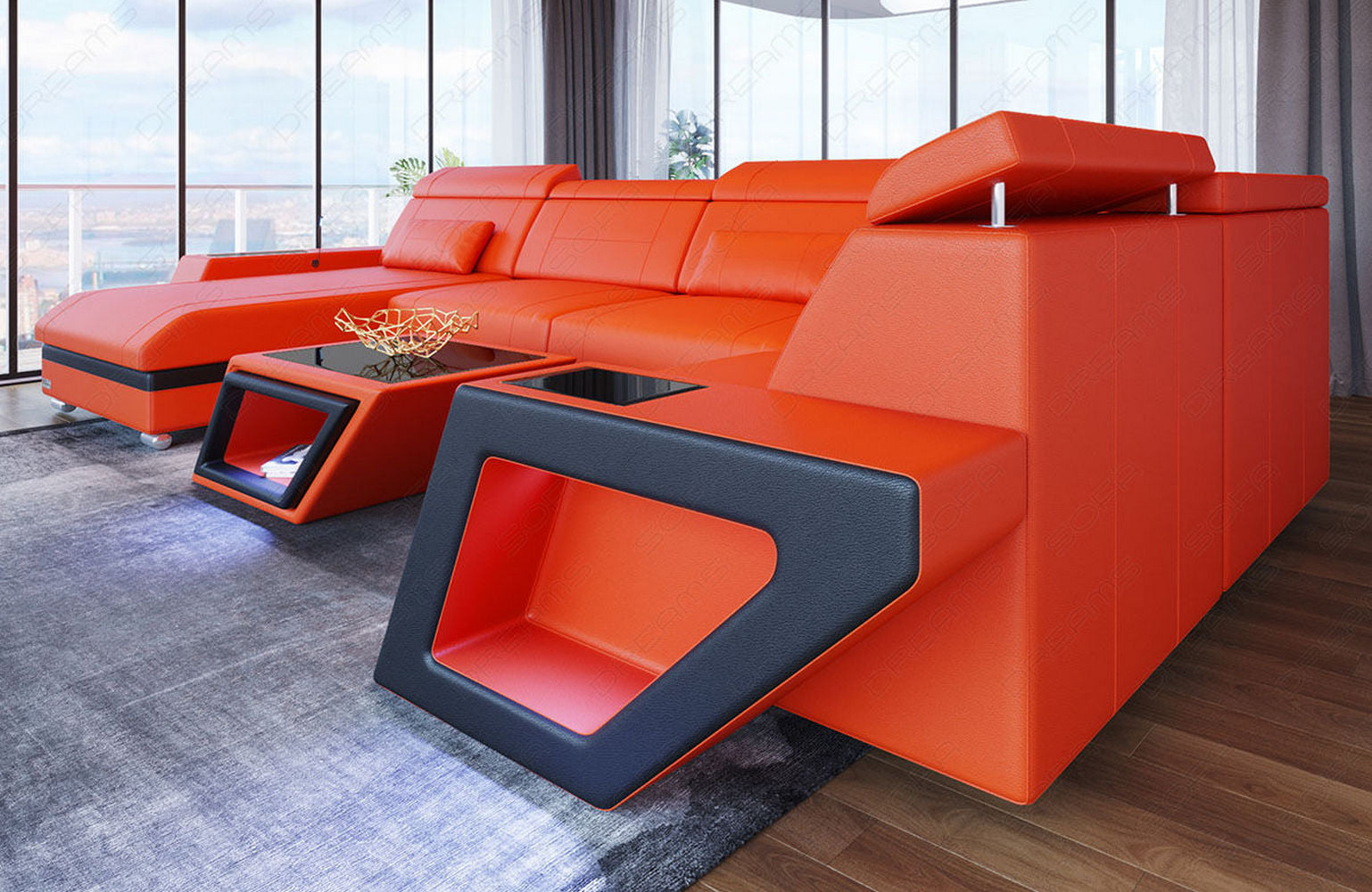 Leder Wohnlandschaft Catania – Modern & Bequem orange-schwarz