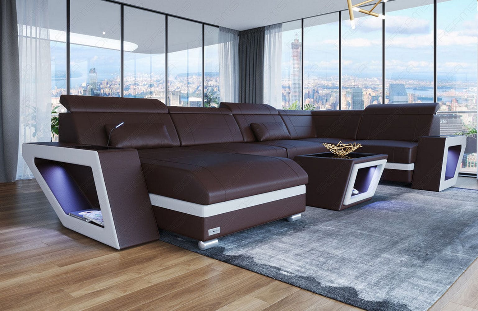 Leder Wohnlandschaft Catania – Modern & Bequem dunkelbraun-weiß