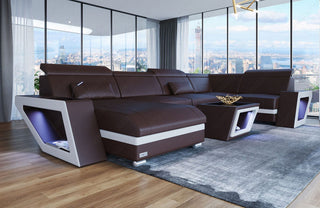 Leder Couch Catania U-Form dunkelbraun-weiß
