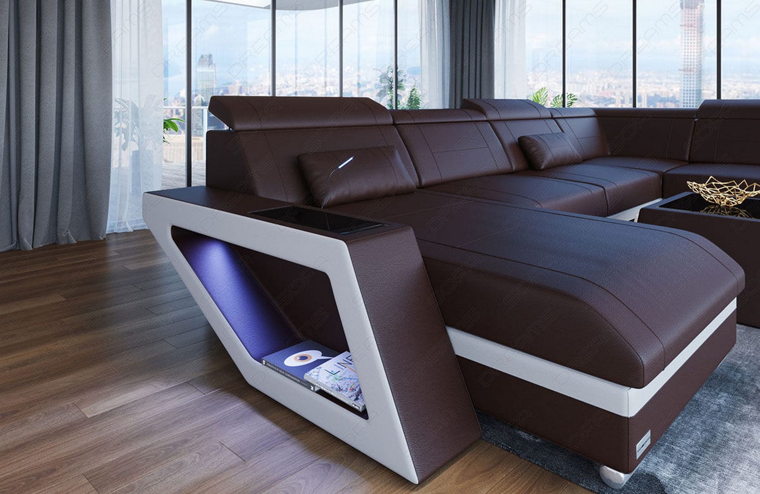 Leder Wohnlandschaft Catania – Modern & Bequem dunkelbraun-weiß