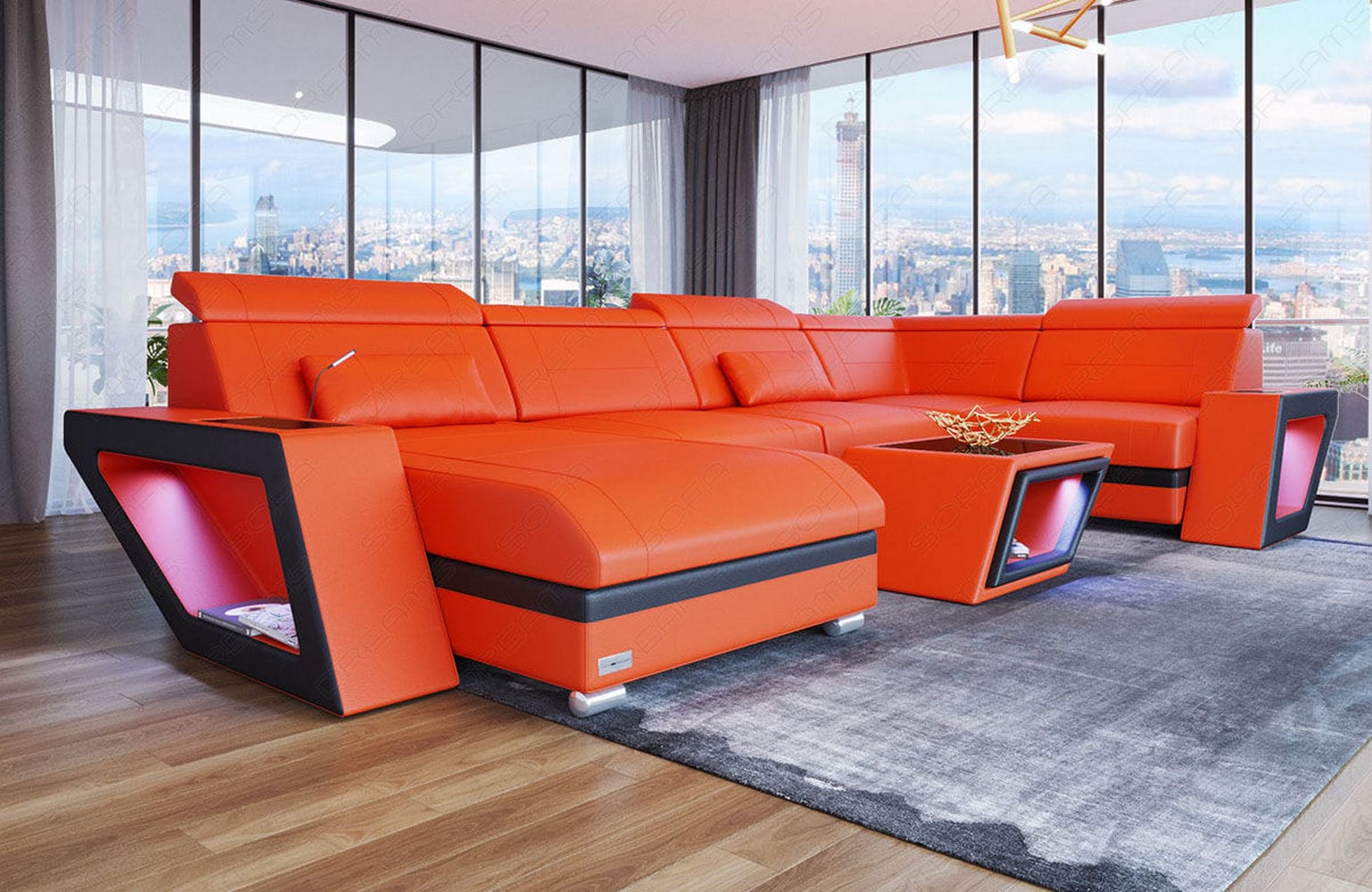 Leder Wohnlandschaft Catania – Modern & Bequem orange-schwarz