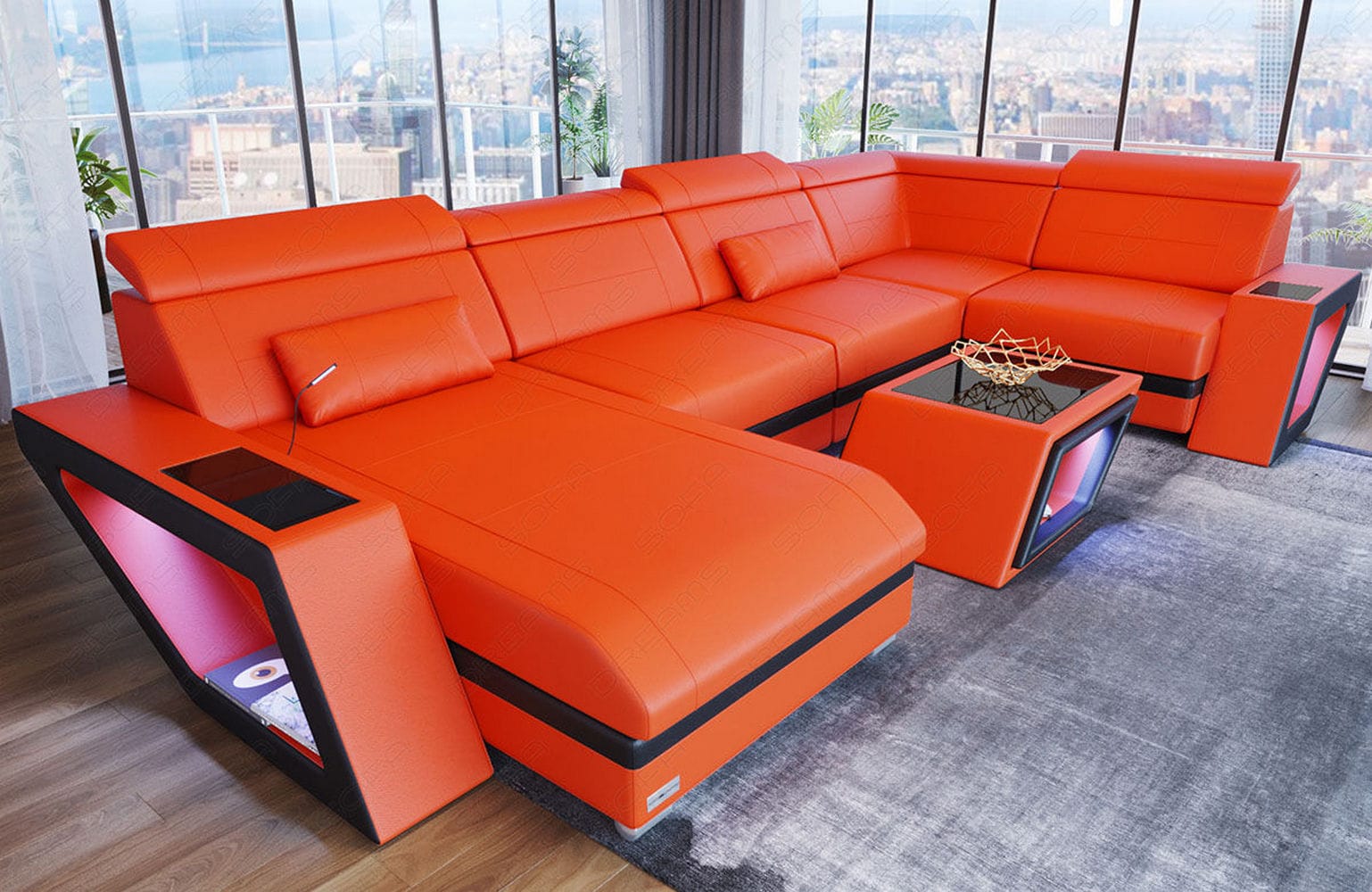 Leder Wohnlandschaft Catania – Modern & Bequem orange-schwarz