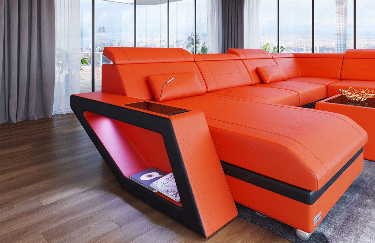 Leder Wohnlandschaft Catania – Modern & Bequem orange-schwarz