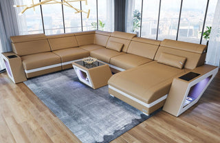 Mini XXL Wohnlandschaft Catania U-Form in Leder Sandbeige-Weiß