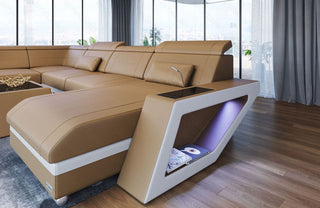 Mini XXL Wohnlandschaft Catania U-Form in Leder Sandbeige-Weiß