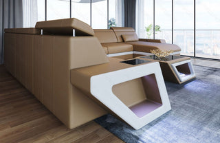 Mini XXL Wohnlandschaft Catania U-Form in Leder Sandbeige-Weiß
