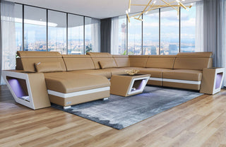 XXL Wohnlandschaft Catania U-Form in Leder sandbeige-weiß