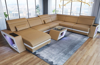 XXL Wohnlandschaft Catania U-Form in Leder sandbeige-weiß