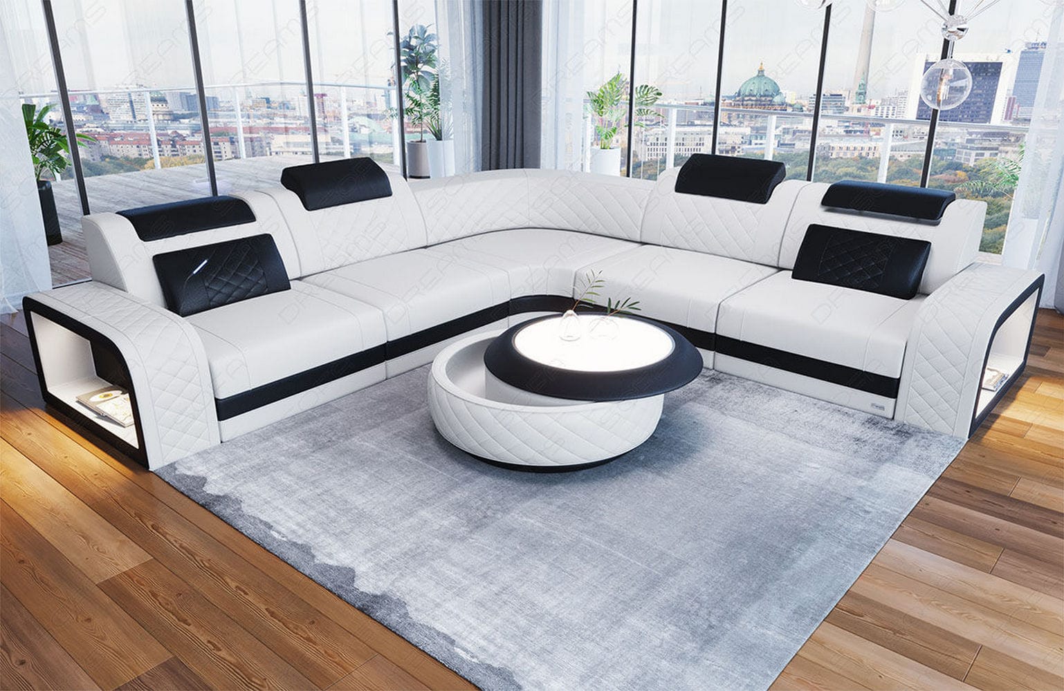 Mini Ecksofa Foggia Leder Weiß-Schwarz