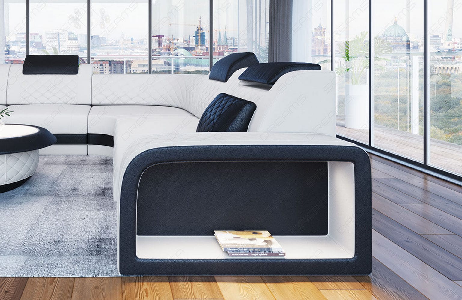 Mini Ecksofa Foggia Leder Weiß-Schwarz