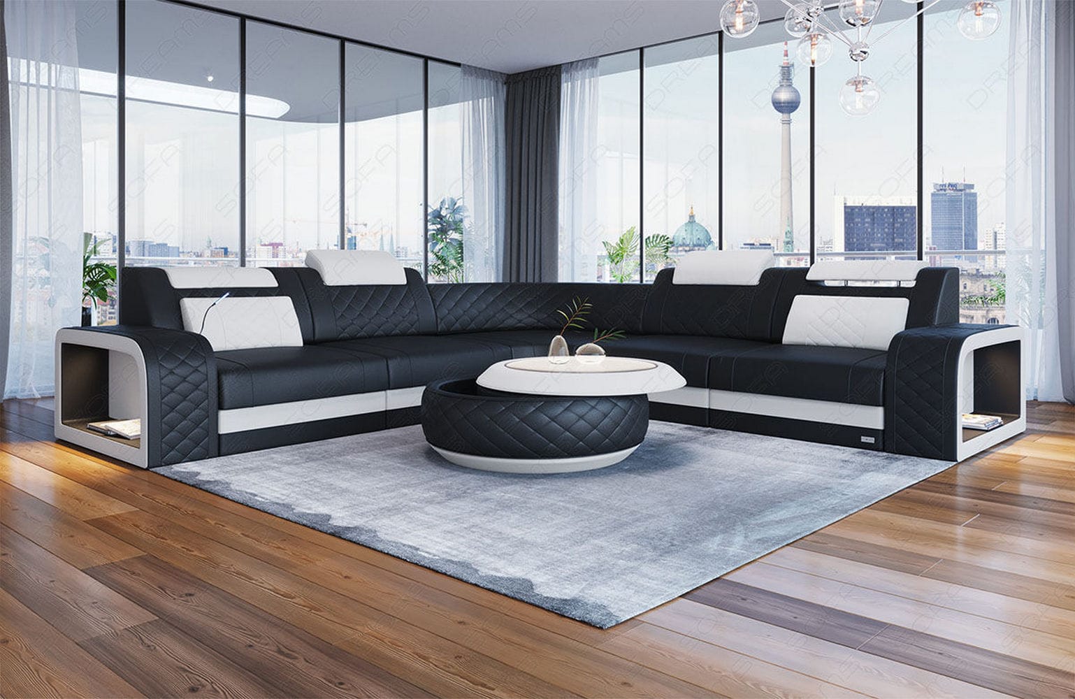 Mini Ecksofa Foggia Leder Schwarz-Weiß