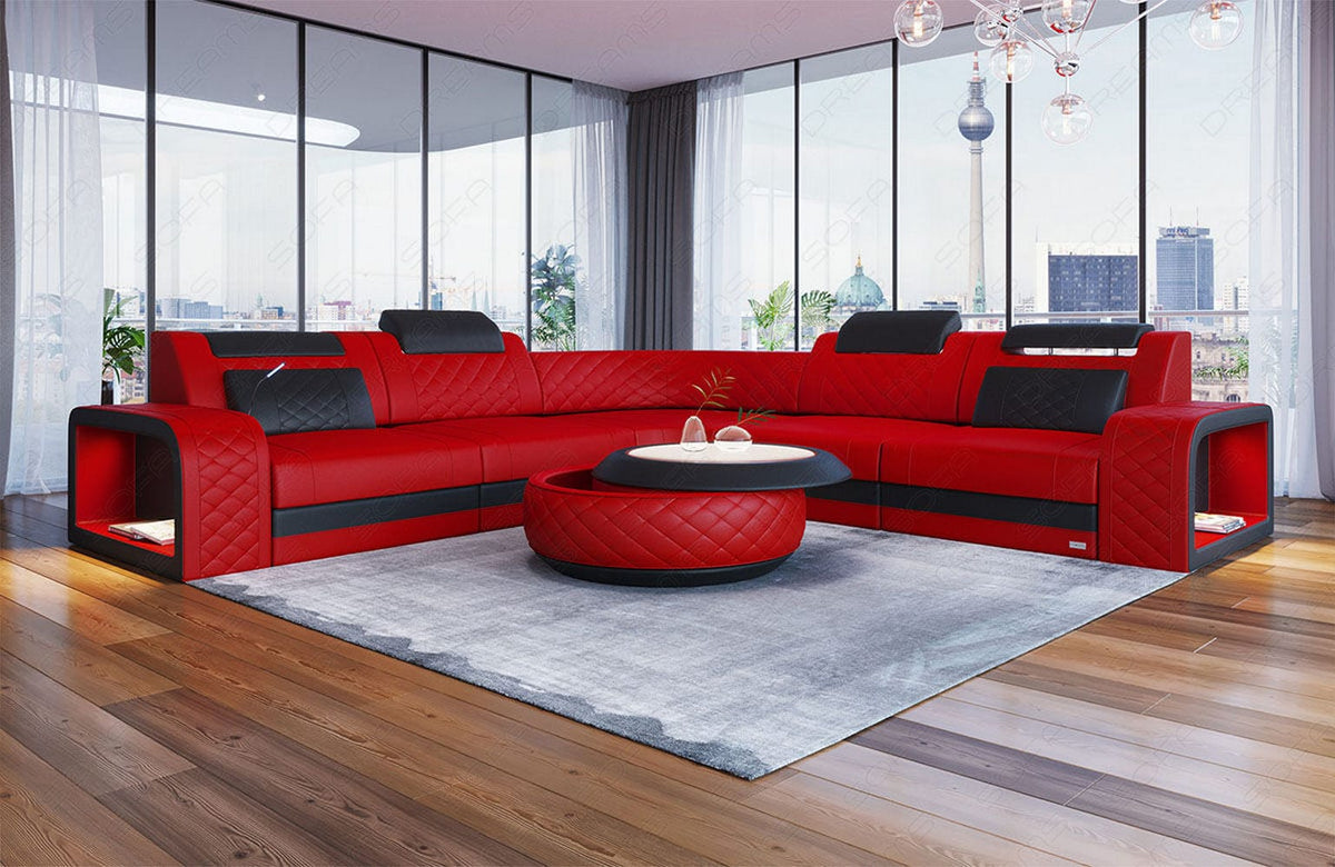 Couch Foggia L-Form in Leder rot-schwarz