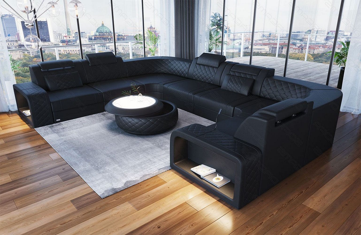 Mini Leder Wohnlandschaft Foggia – Modern und Komfortabel Schwarz