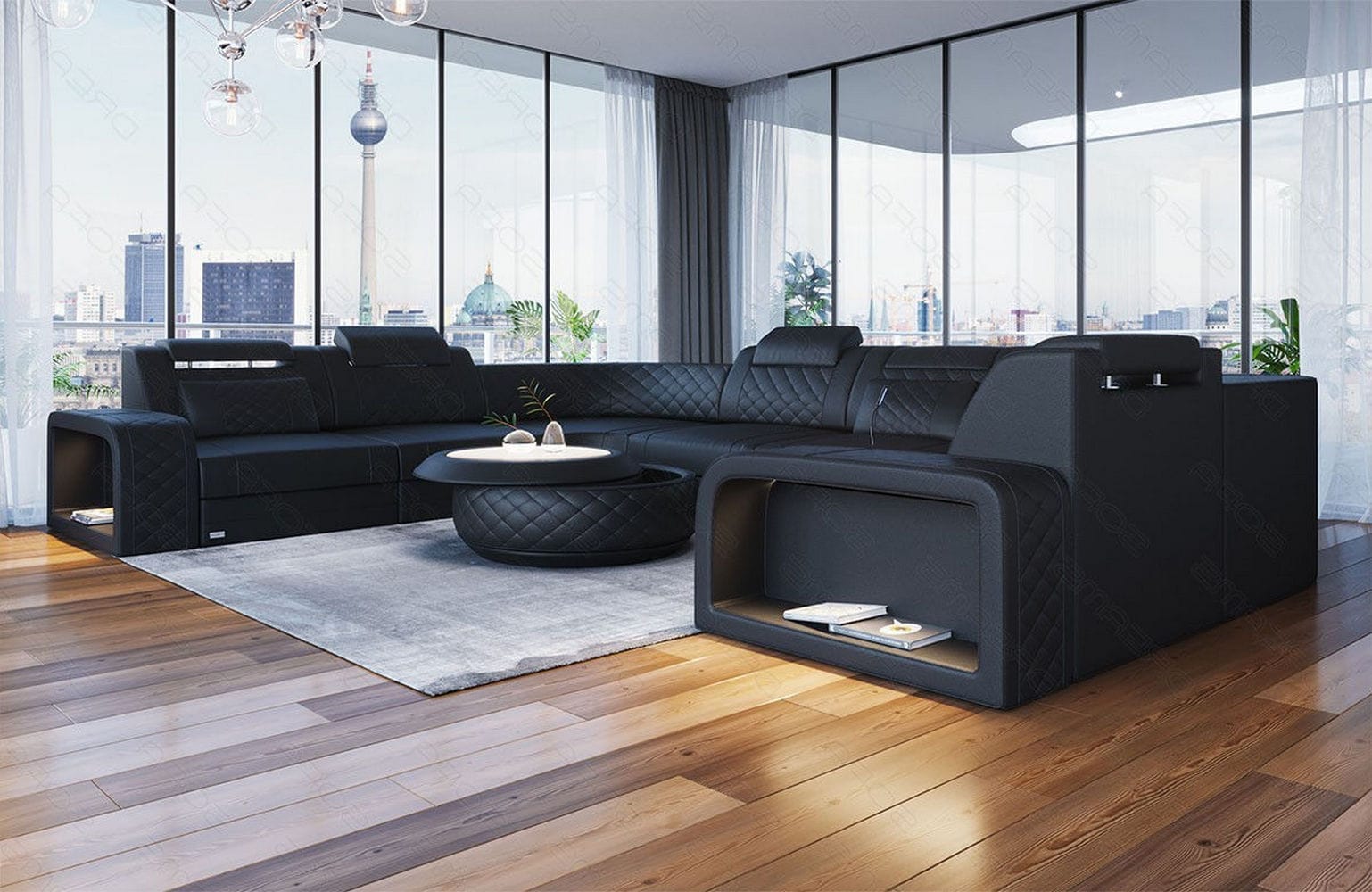 Mini Leder Wohnlandschaft Foggia – Modern und Komfortabel Schwarz