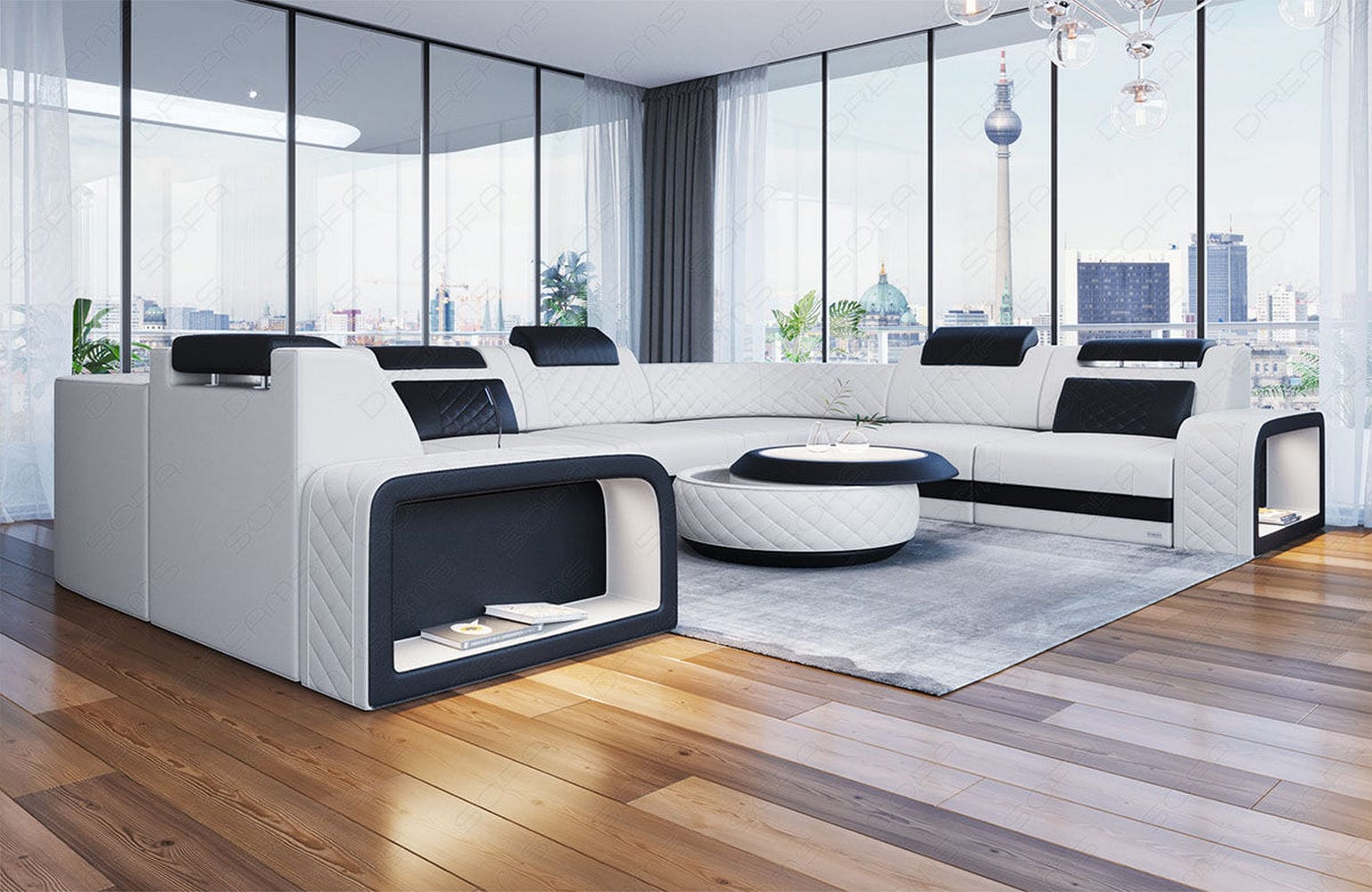 Mini Sofa Foggia U-Form aus Leder Weiß-Schwarz