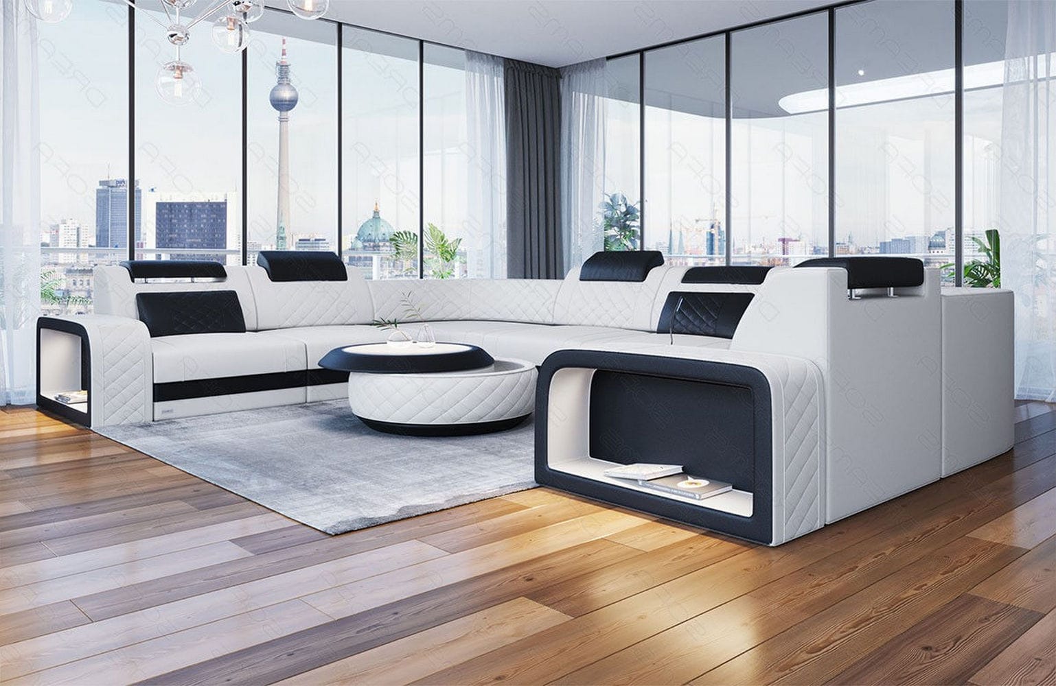 Mini Sofa Foggia U-Form aus Leder Weiß-Schwarz