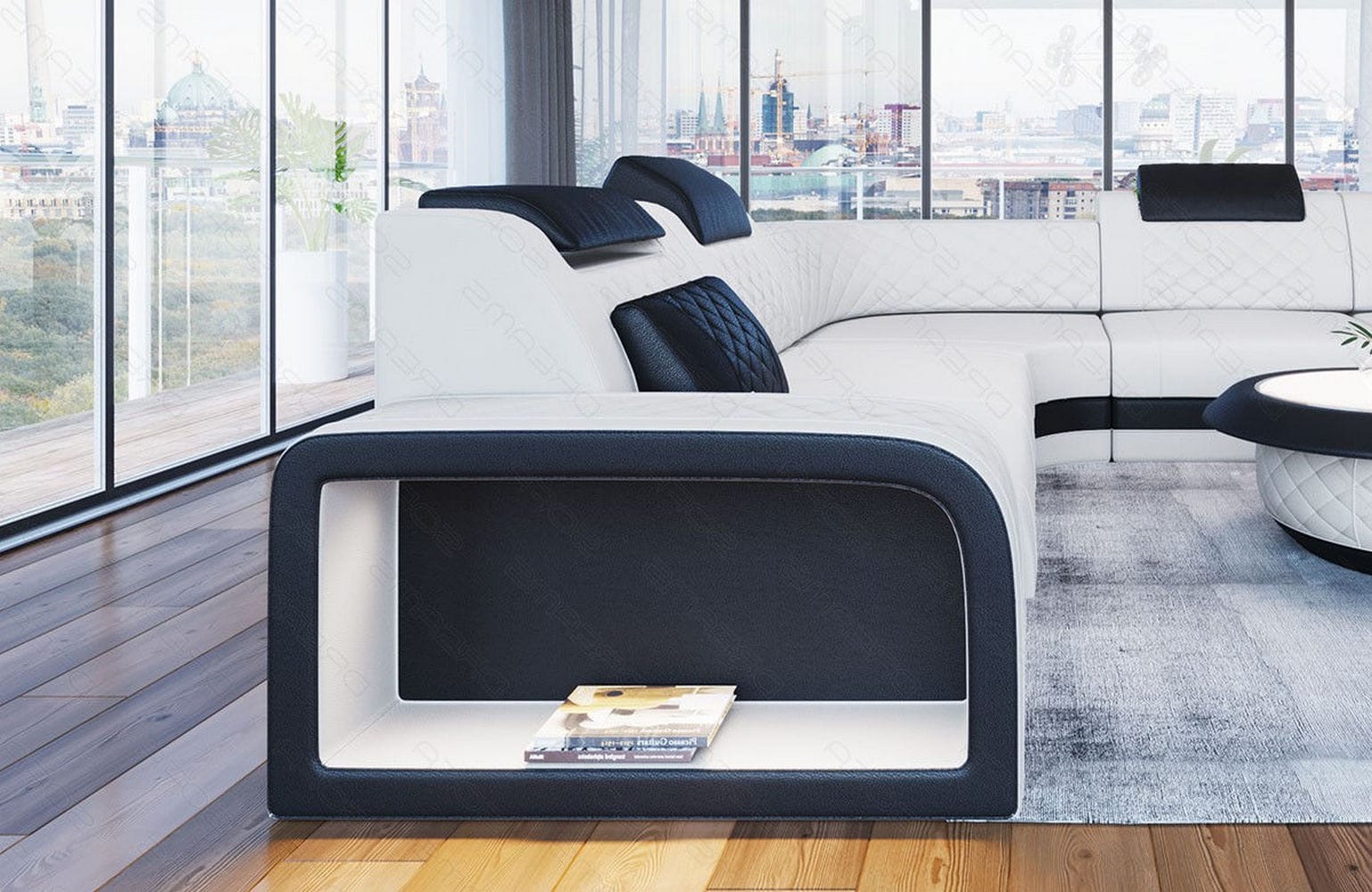 Mini Sofa Foggia U-Form aus Leder Weiß-Schwarz