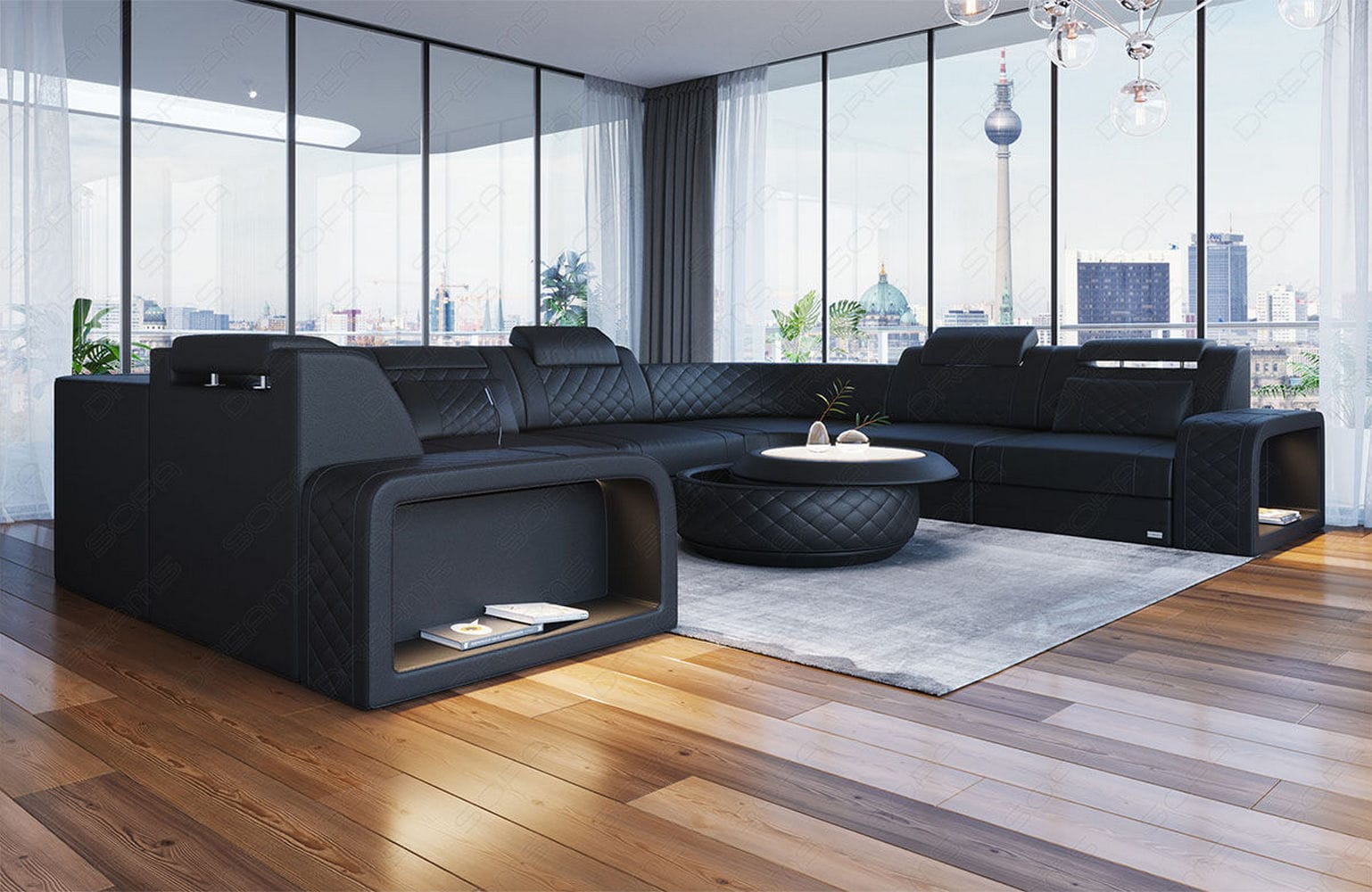 Mini Sofa Foggia U-Form aus Leder Schwarz