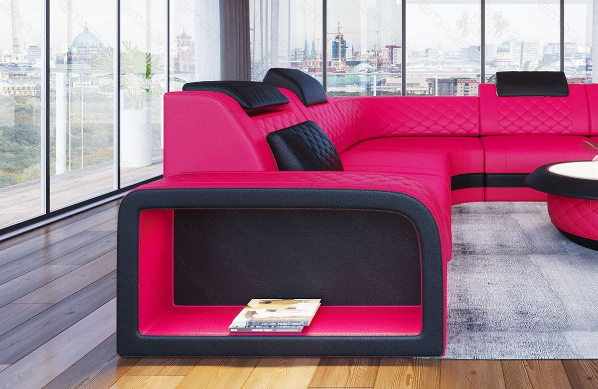 Designsofa Foggia U-Form aus Leder pink-schwarz