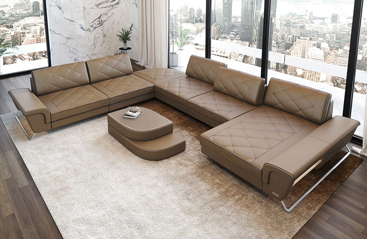 XXL Wohnlandschaft Bari Pur U-Form aus Leder sandbeige-dunkelbraun