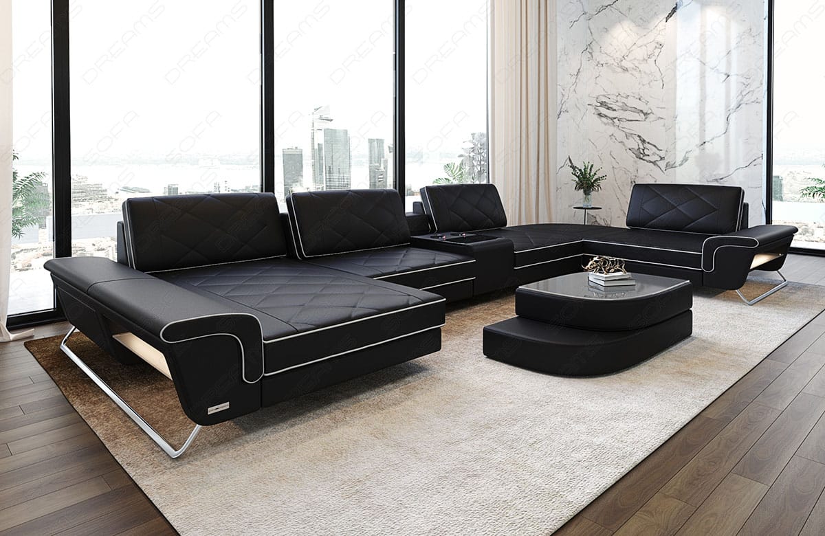 Leder Couch Bari U-Form schwarz-weiß