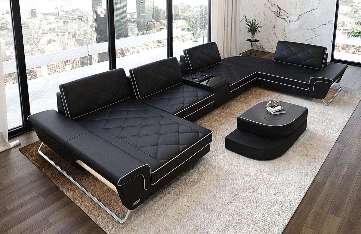 Leder Couch Bari U-Form schwarz-weiß