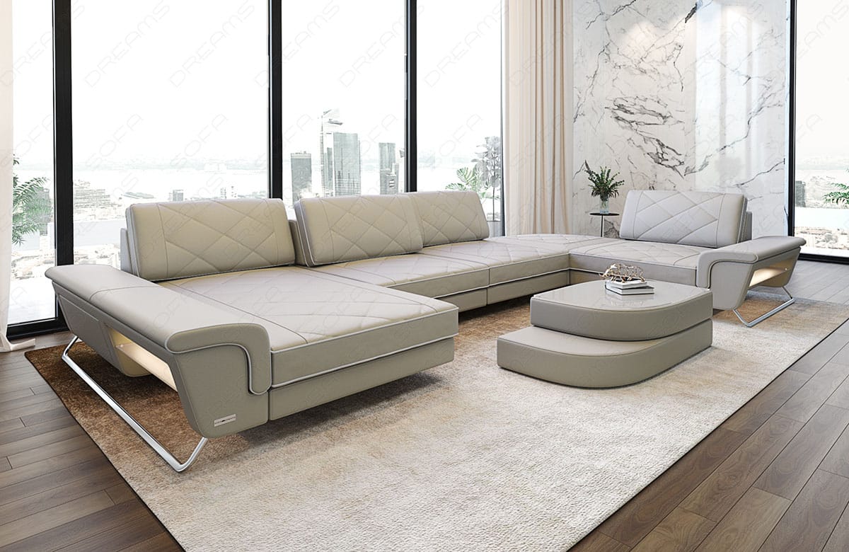 Leder Couch Bari U-Form beige-weiß