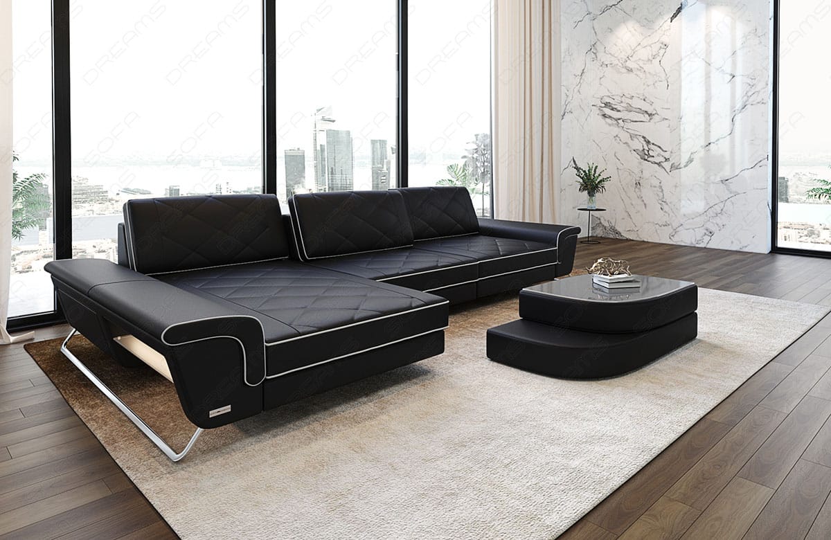 Ecksofa Bari Eleganz L-Form in Leder schwarz-weiß