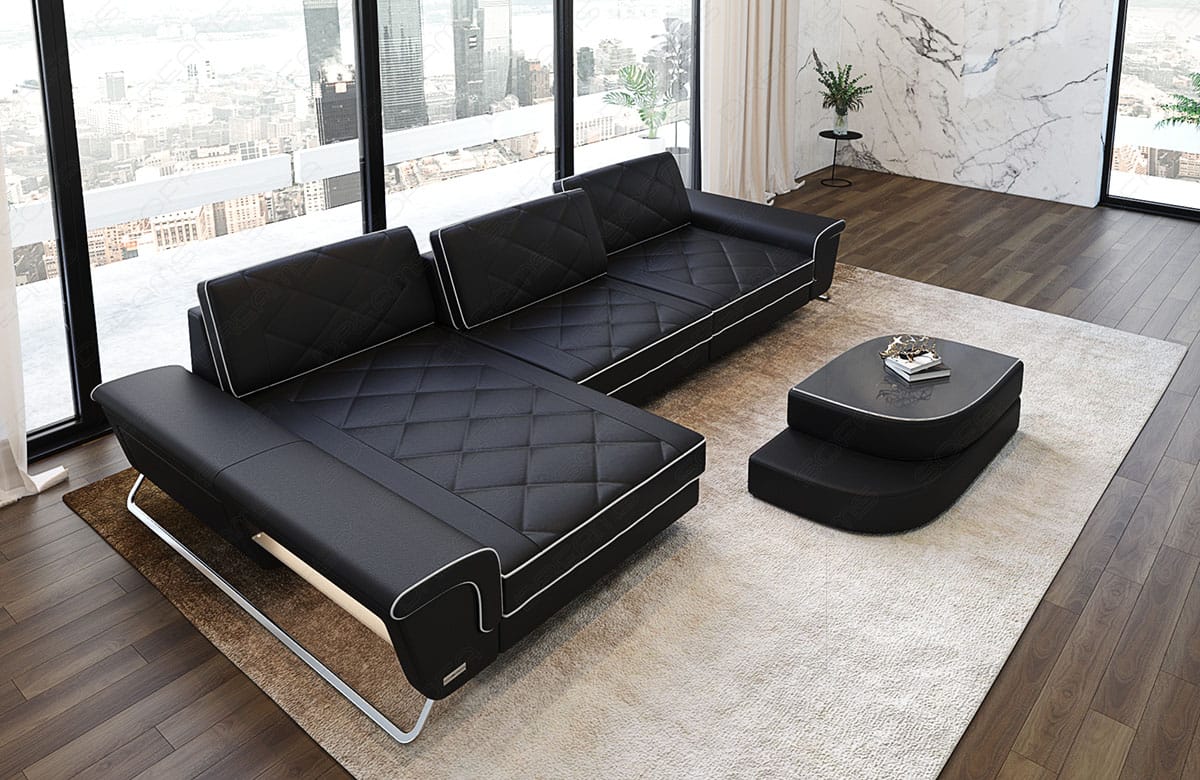 Ecksofa Bari Eleganz L-Form in Leder schwarz-weiß