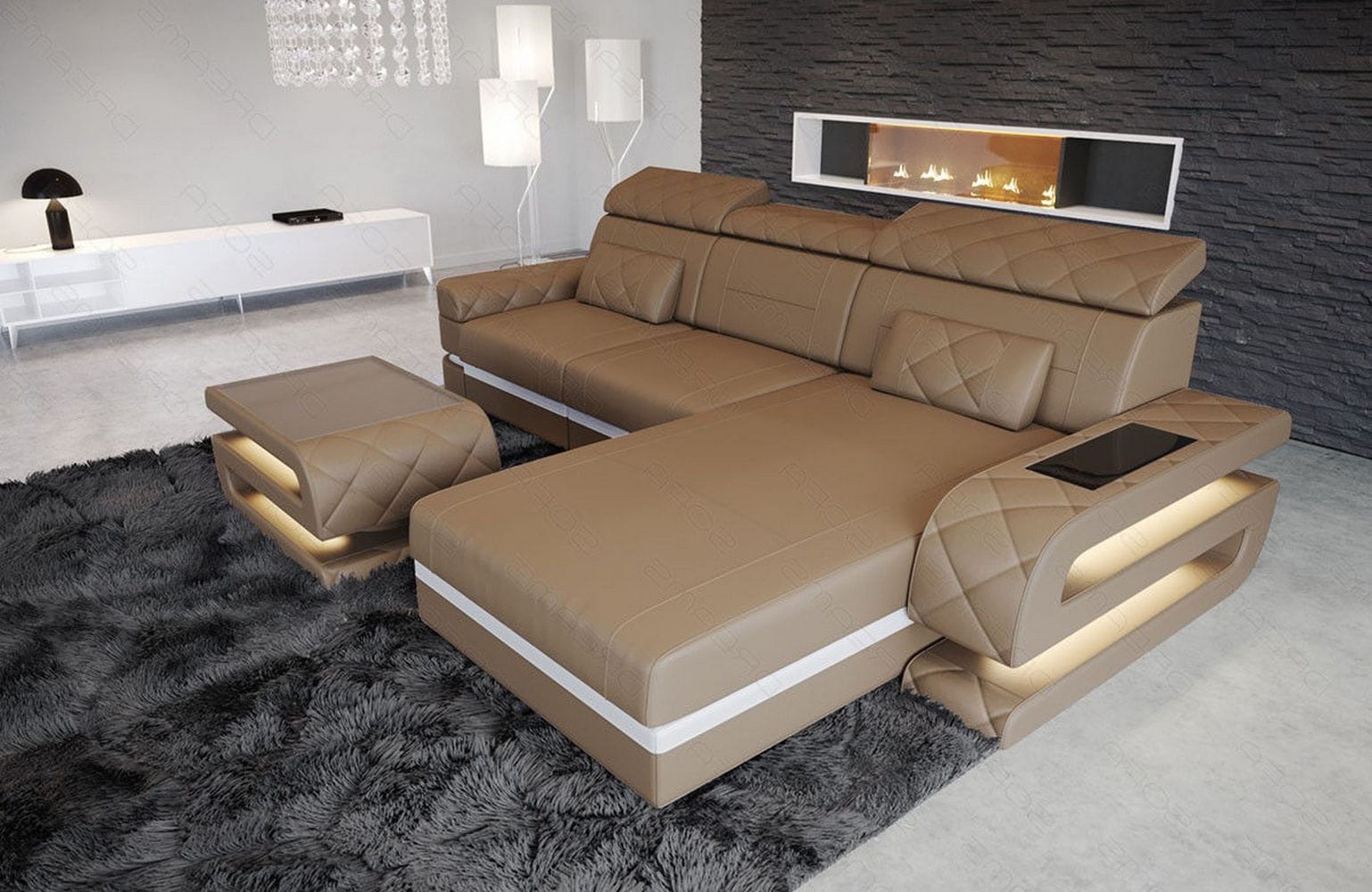 Mini Couch Bologna L-Form in Leder Sandbeige-Weiß