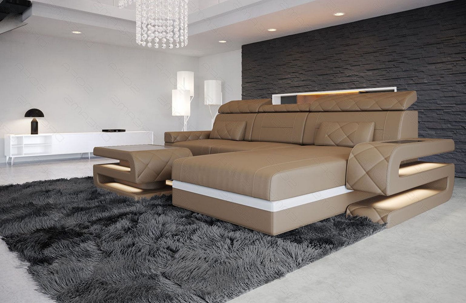 Mini Couch Bologna L-Form in Leder Sandbeige-Weiß