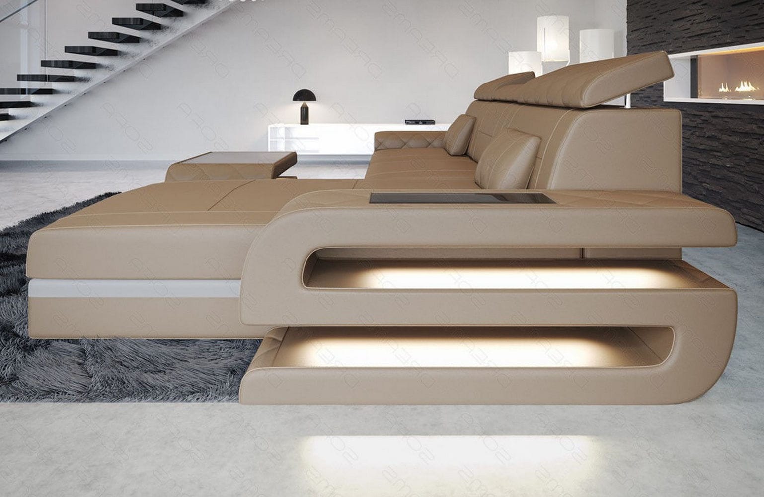 Mini Couch Bologna L-Form in Leder Sandbeige-Weiß