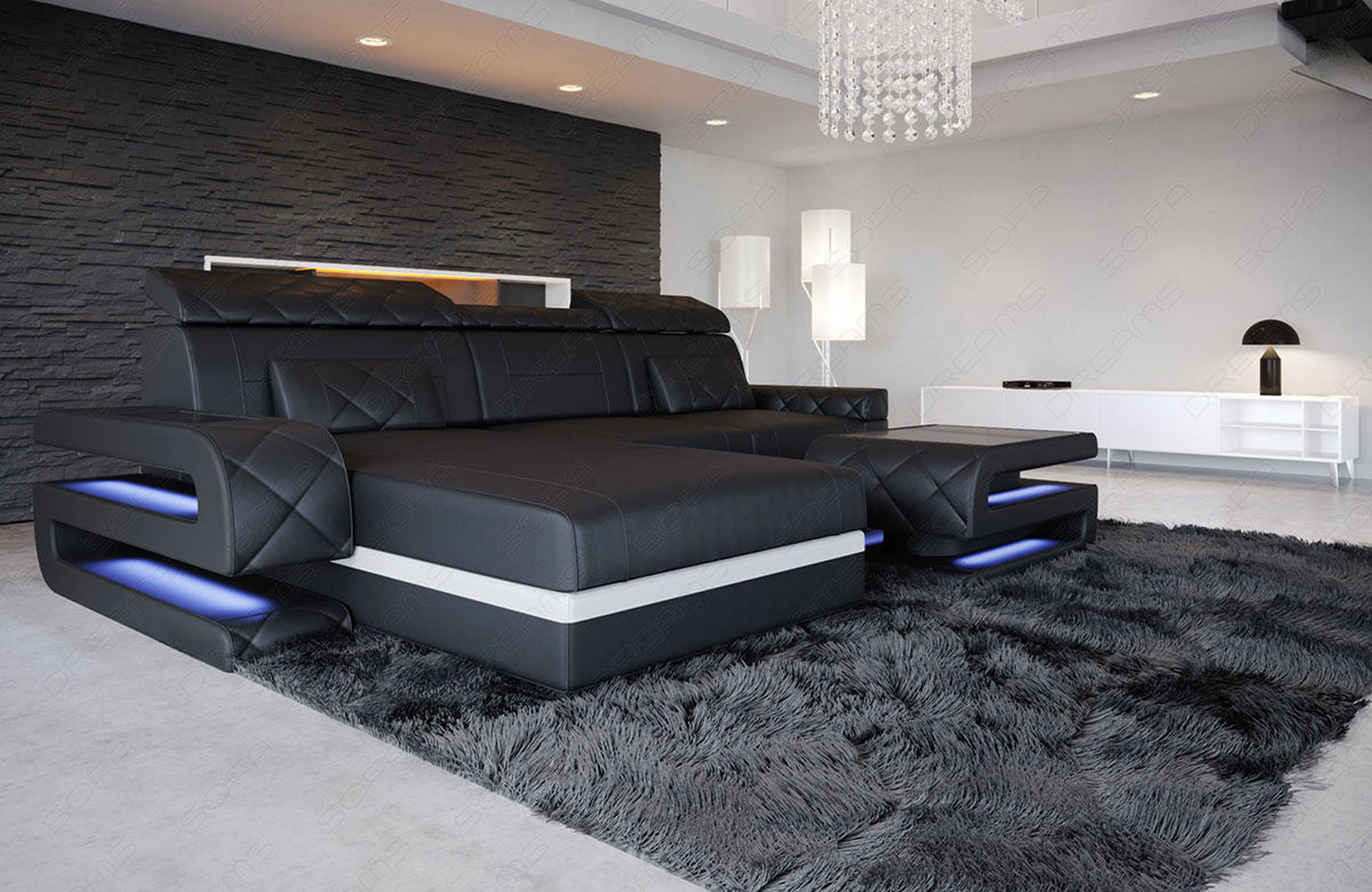 Mini Ecksofa Bologna Leder Schwarz-Weiß