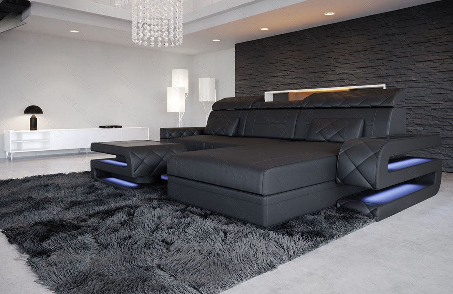 Mini Couch Bologna L-Form in Leder Schwarz