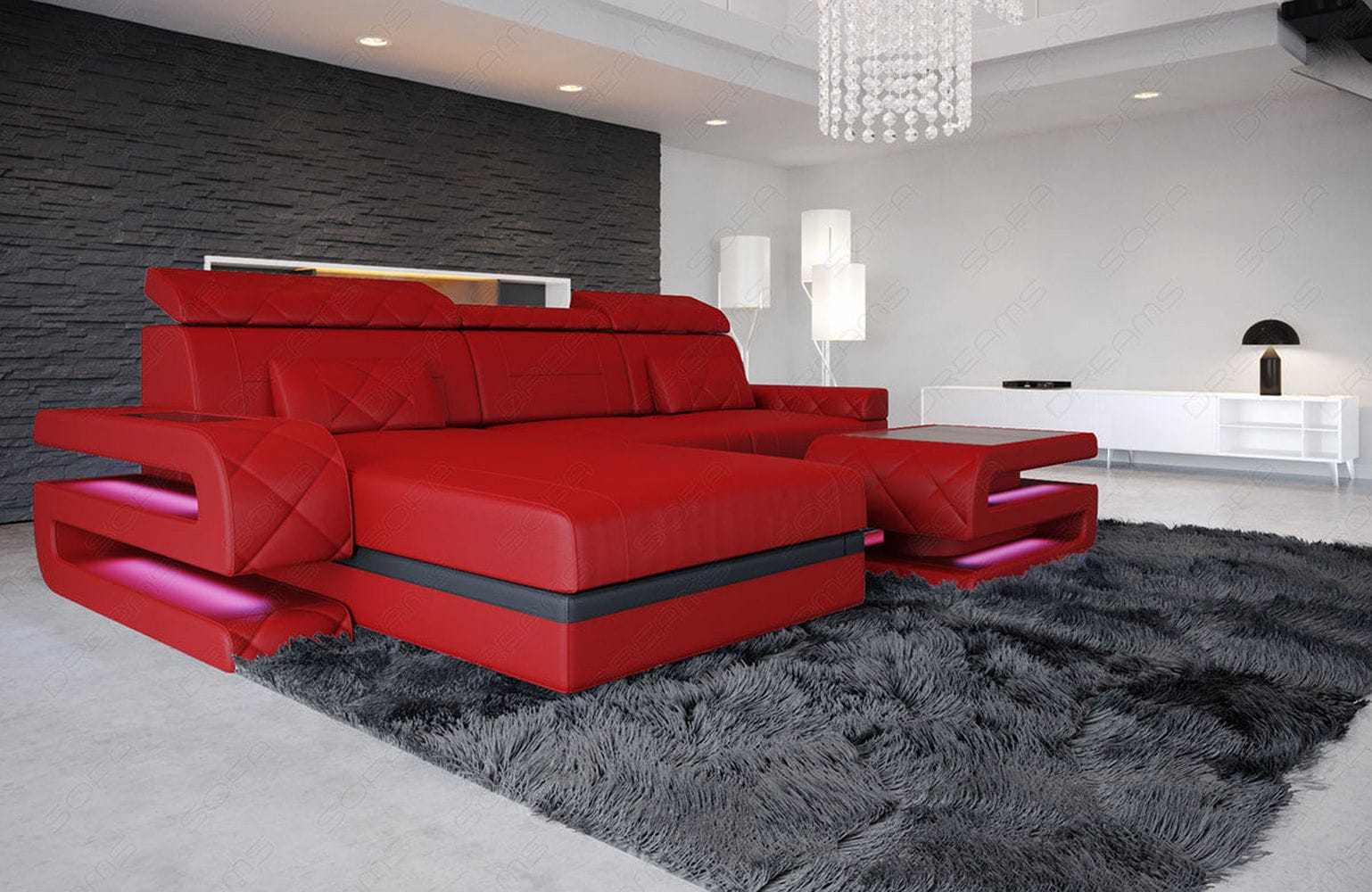 Mini Couch Bologna L-Form in Leder rot-schwarz