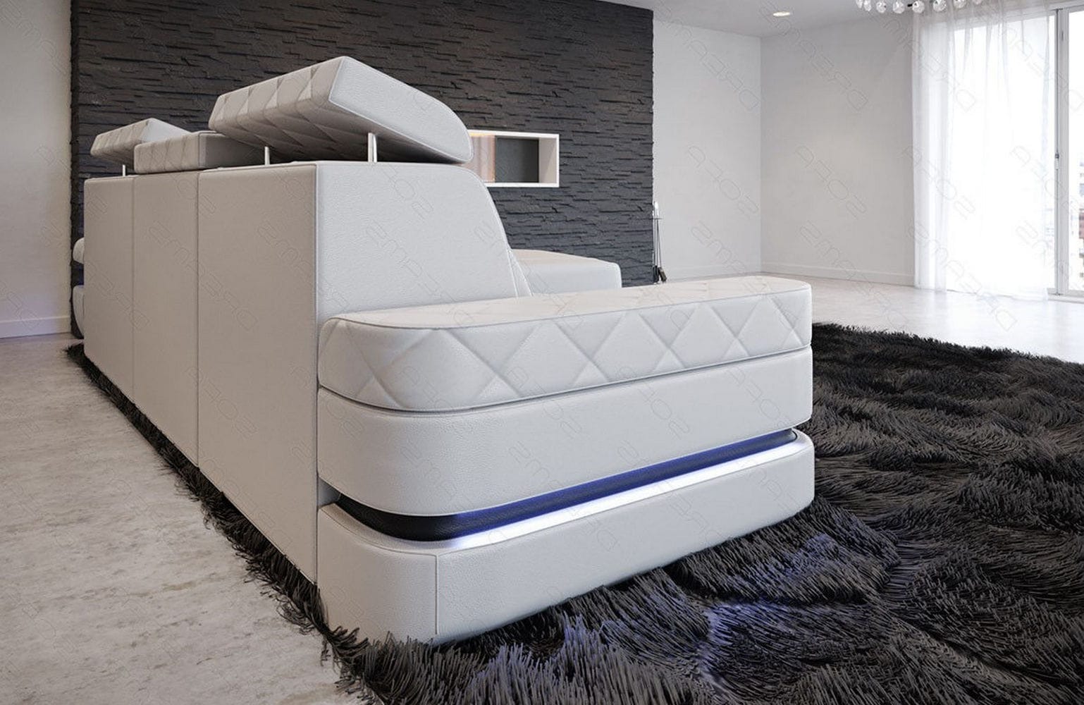 Mini Couch Bologna L-Form in Leder Weiß-Schwarz