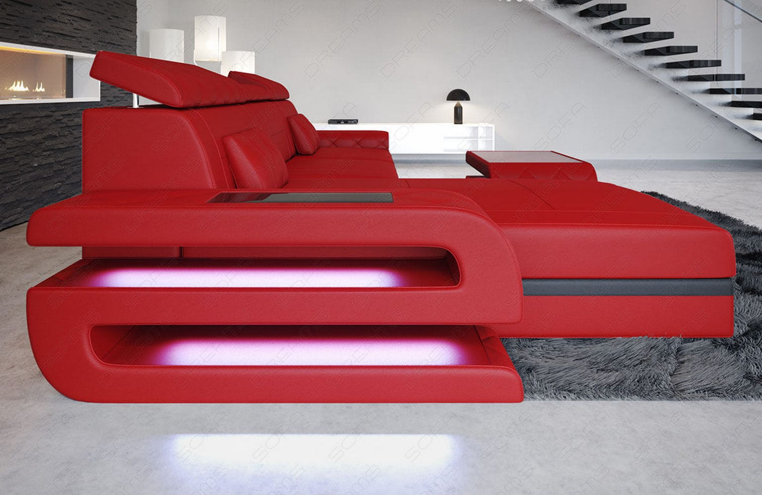 Couch Bologna L Form in Leder rot-schwarz