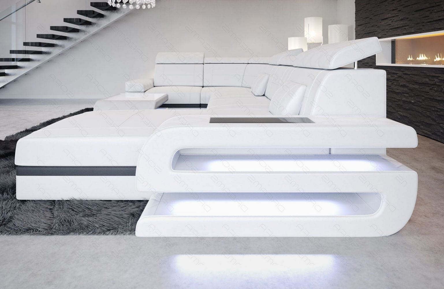 Mini Sofa Bologna U-Form in Leder weiß-schwarz