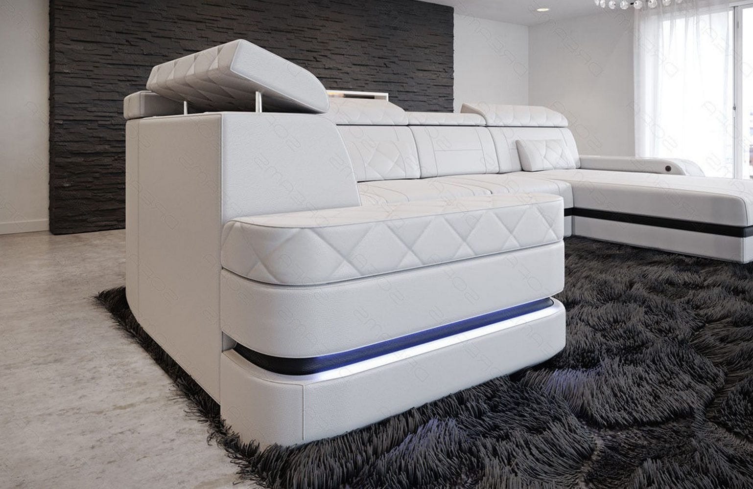 Mini Sofa Bologna U-Form in Leder weiß-schwarz