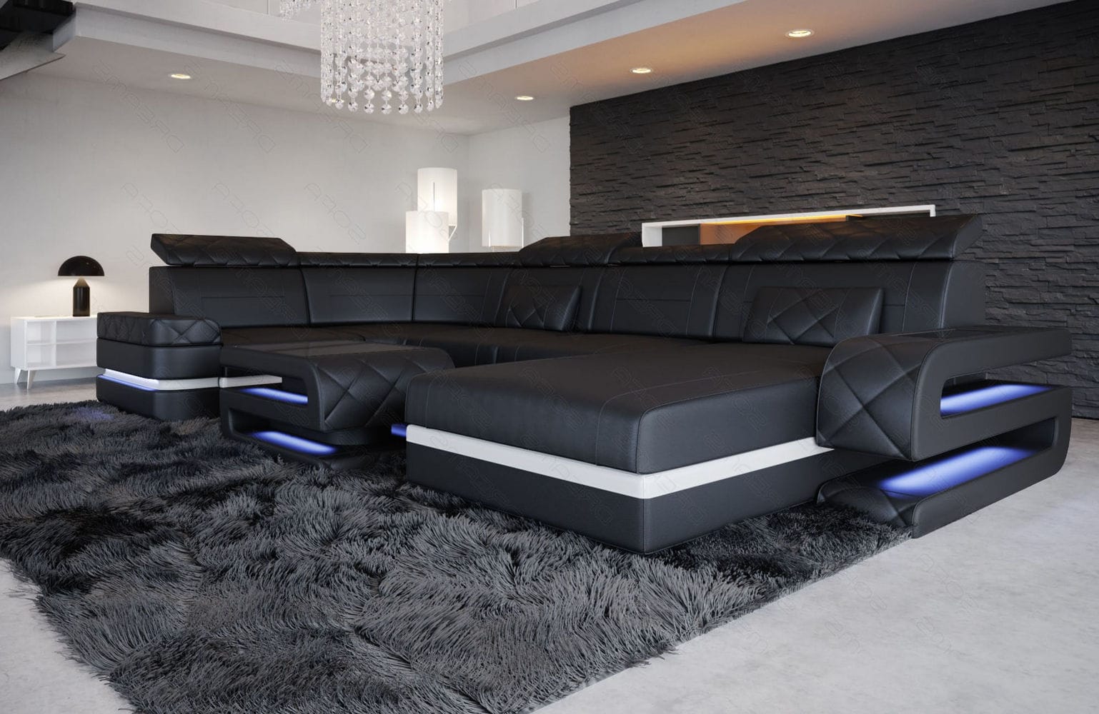 Mini Sofa Bologna U-Form in Leder Schwarz-Weiß