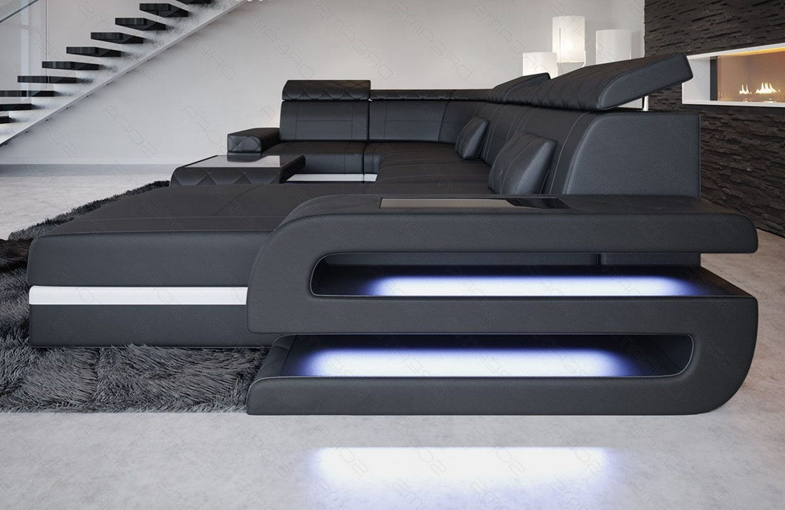 Mini Sofa Bologna U-Form in Leder Schwarz-Weiß