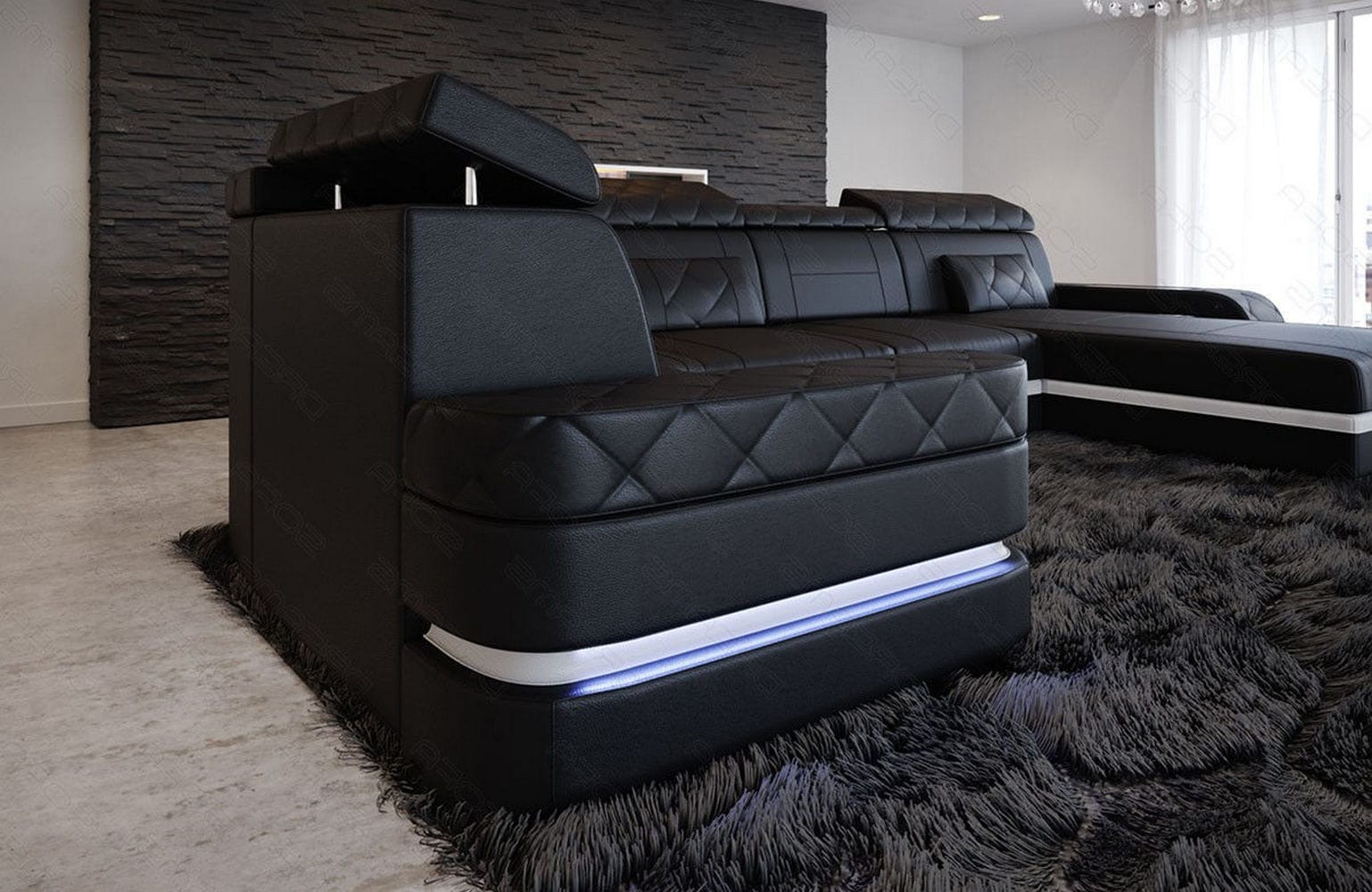Mini Sofa Bologna U-Form in Leder Schwarz-Weiß