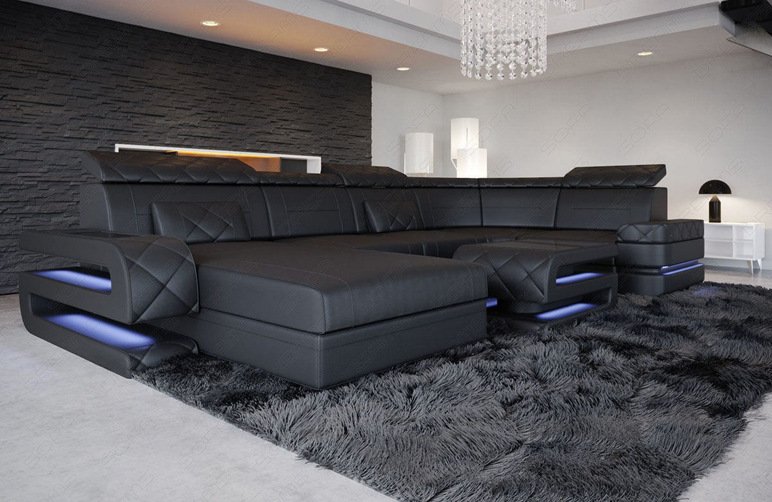 Mini Sofa Bologna U-Form in Leder Schwarz