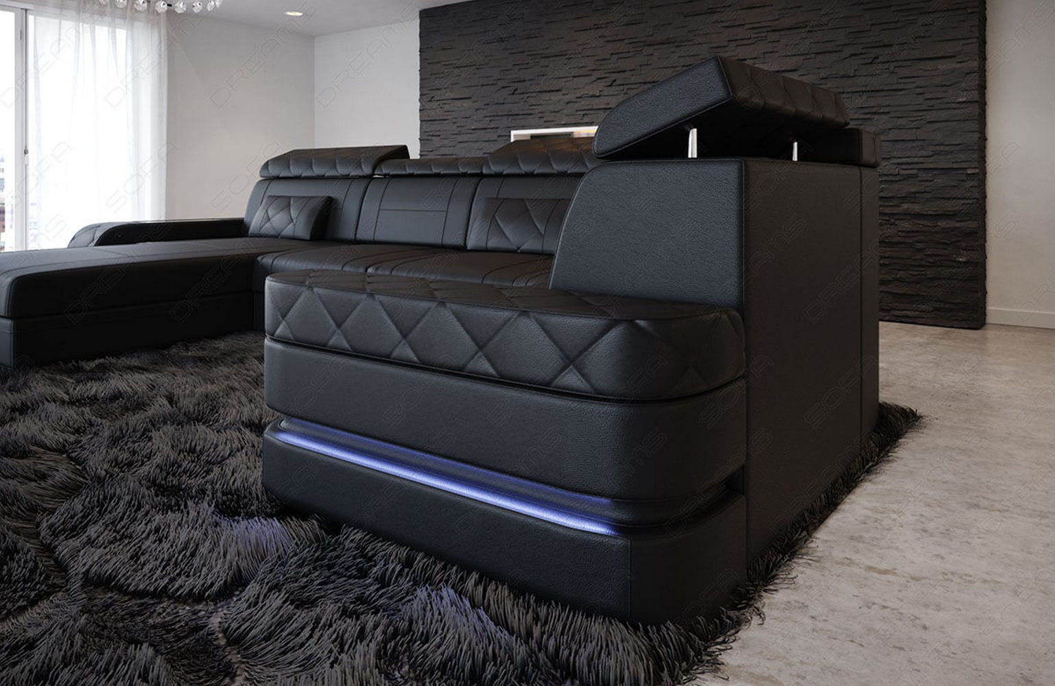 Mini Sofa Bologna U-Form in Leder Schwarz