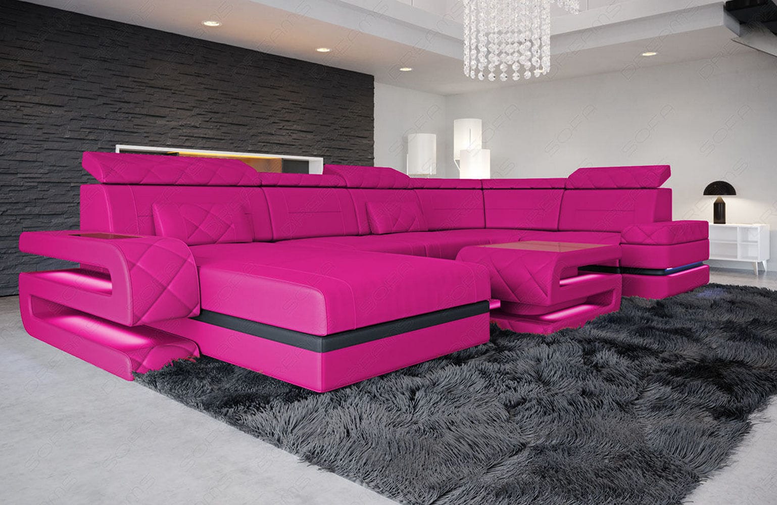 Mini Sofa Bologna in Leder pink-schwarz