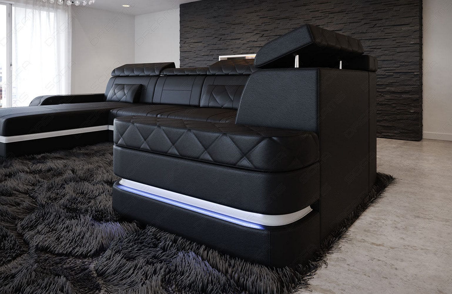 Sofa Bologna Luxurios U-Form in Leder schwarz-weiß