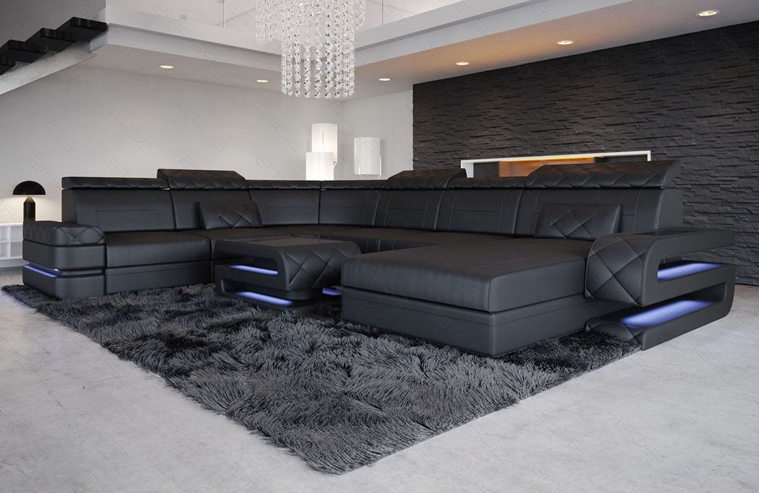 Mini Wohnlandschaft Bologna XXL in Leder schwarz